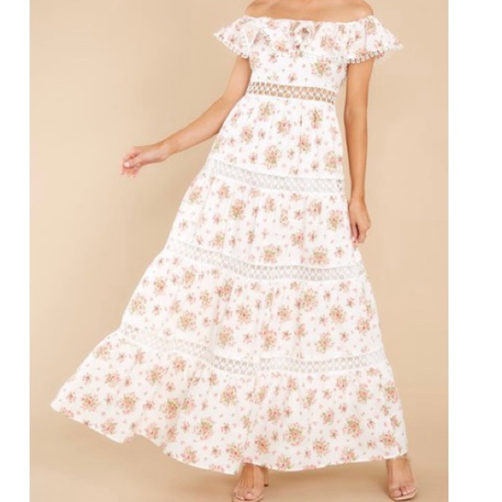 Red dress She Said Yes White Floral Maxi Dress